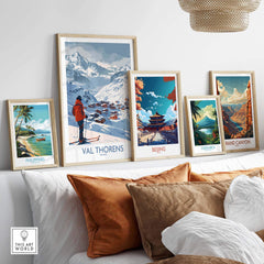 Val Thorens France Print displayed on a wall among other travel-themed art prints in a cozy living room setting.