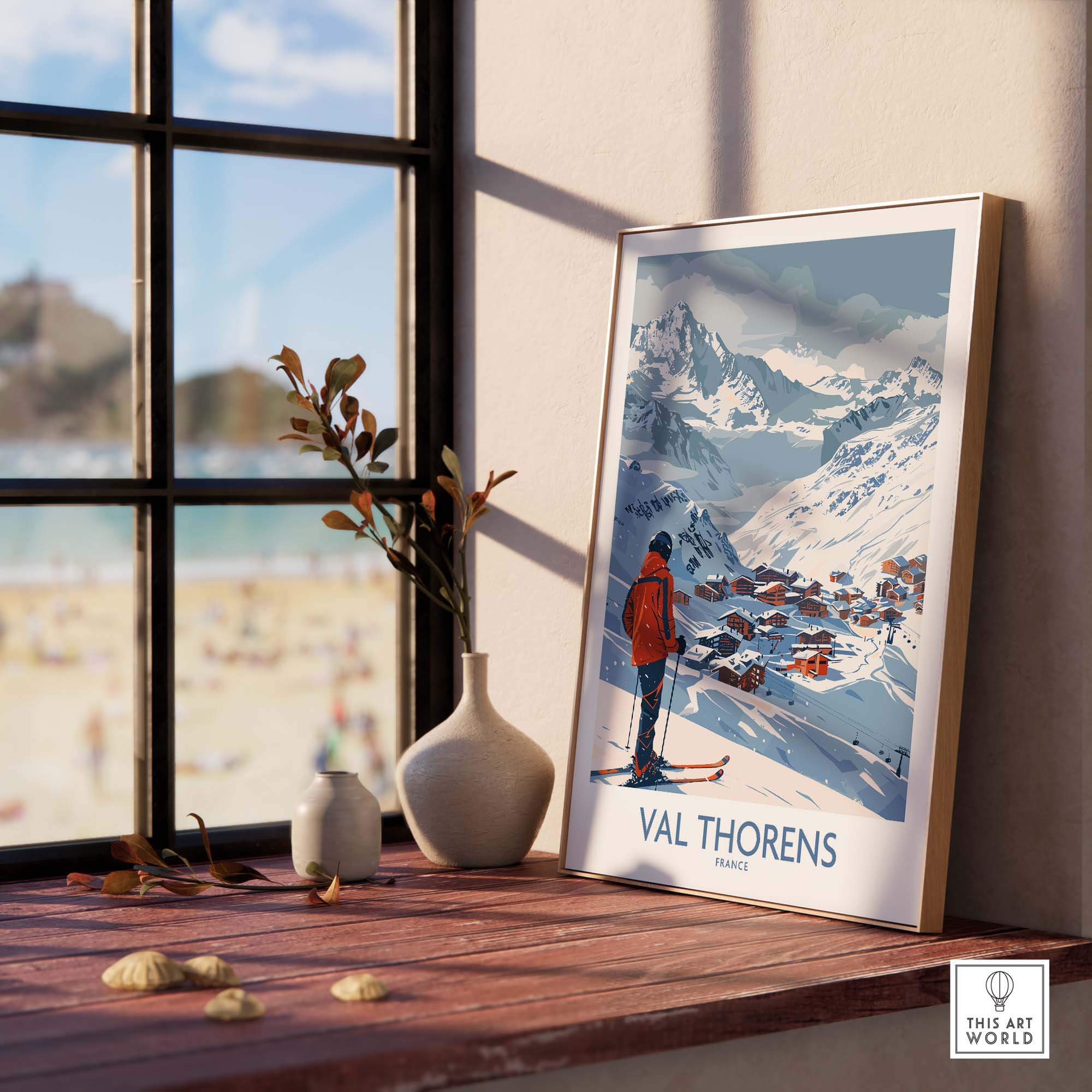 Val Thorens France print displayed indoors, showcasing a skier against a snowy mountain backdrop, perfect for home decor.