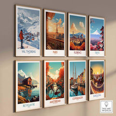 Colorful travel prints featuring Val Thorens, Paris, Florence, Tokyo, Reykjavik, Amsterdam, Copenhagen, and Barcelona.