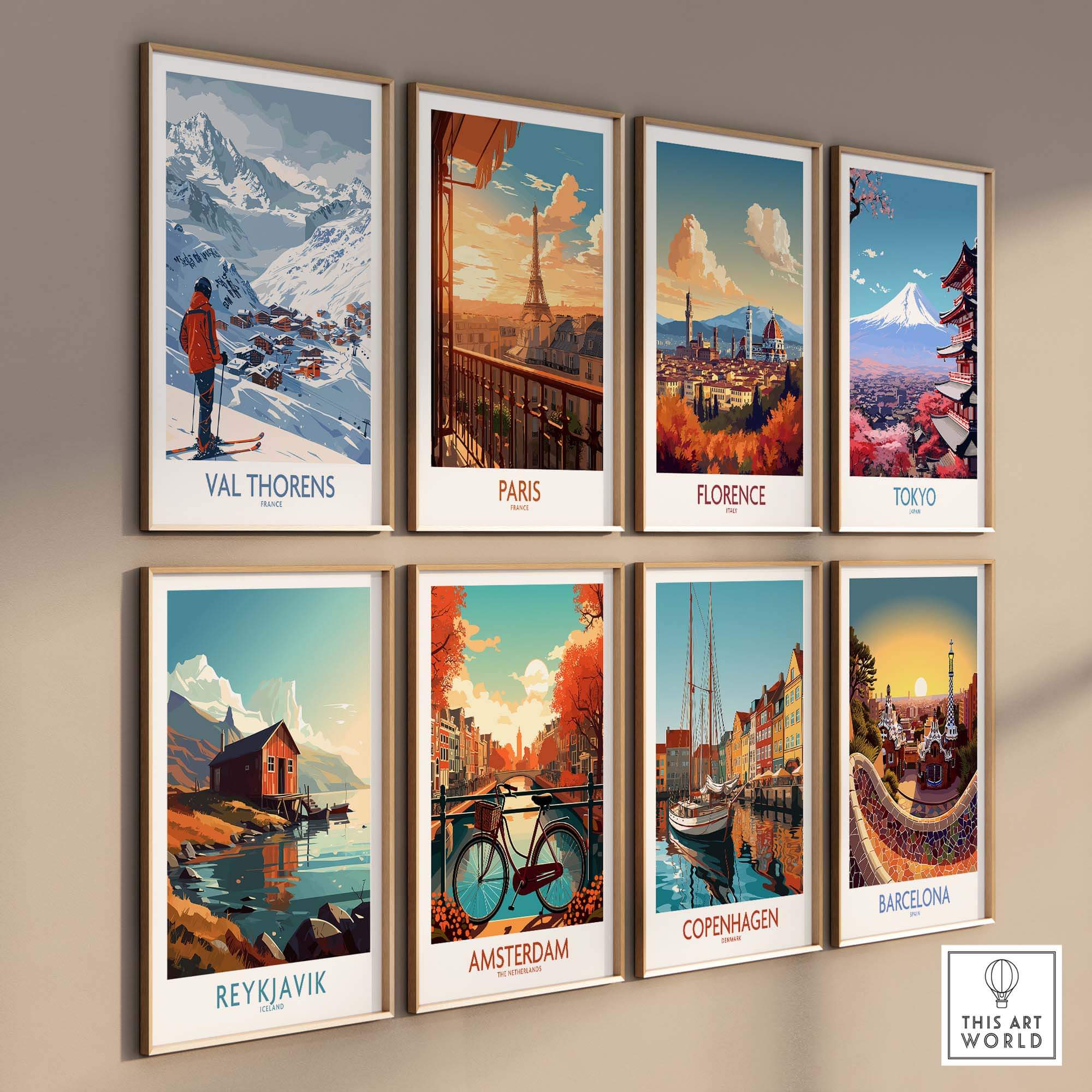 Colorful travel prints featuring Val Thorens, Paris, Florence, Tokyo, Reykjavik, Amsterdam, Copenhagen, and Barcelona.