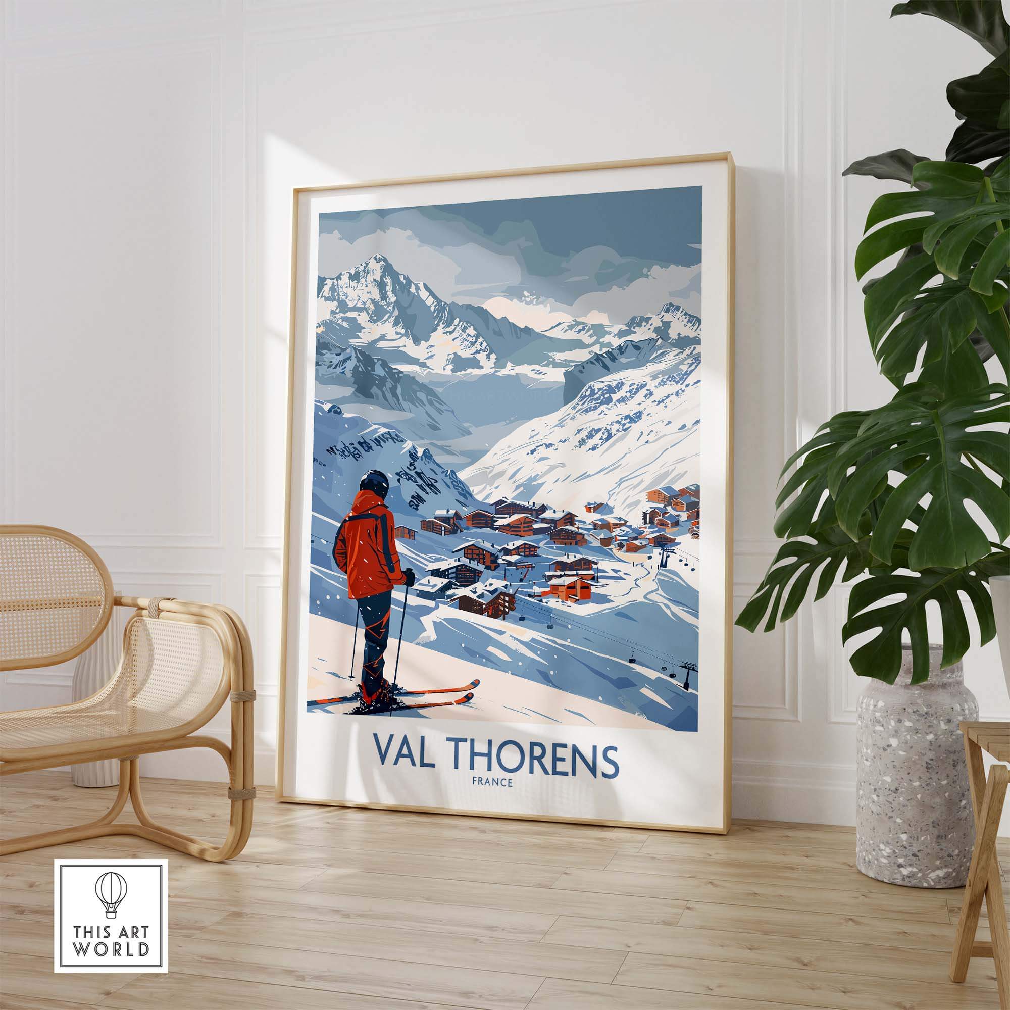 Val Thorens France ski print showcasing a stunning snowy landscape with a skier in a cozy home setting.