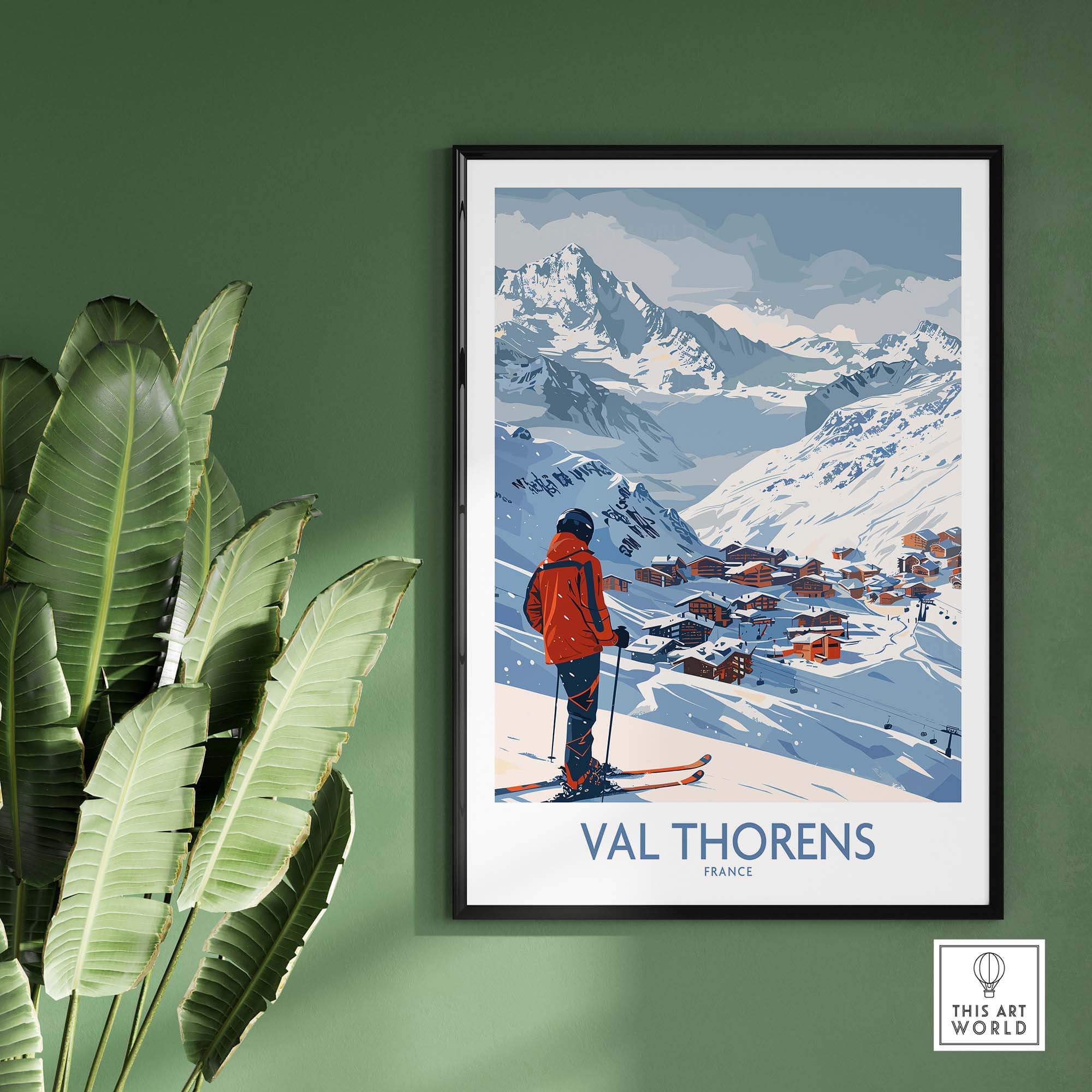 Val Thorens France ski print featuring a skier and picturesque mountain village backdrop. Perfect for home decor.