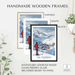 Handmade wooden frames in natural, white, and black colors, featuring a Val Thorens ski print, sustainably sourced wood.