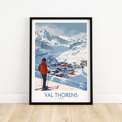 Val Thorens France ski print featuring a skier overlooking the snowy landscape and charming village. Perfect wall art for adventure lovers.