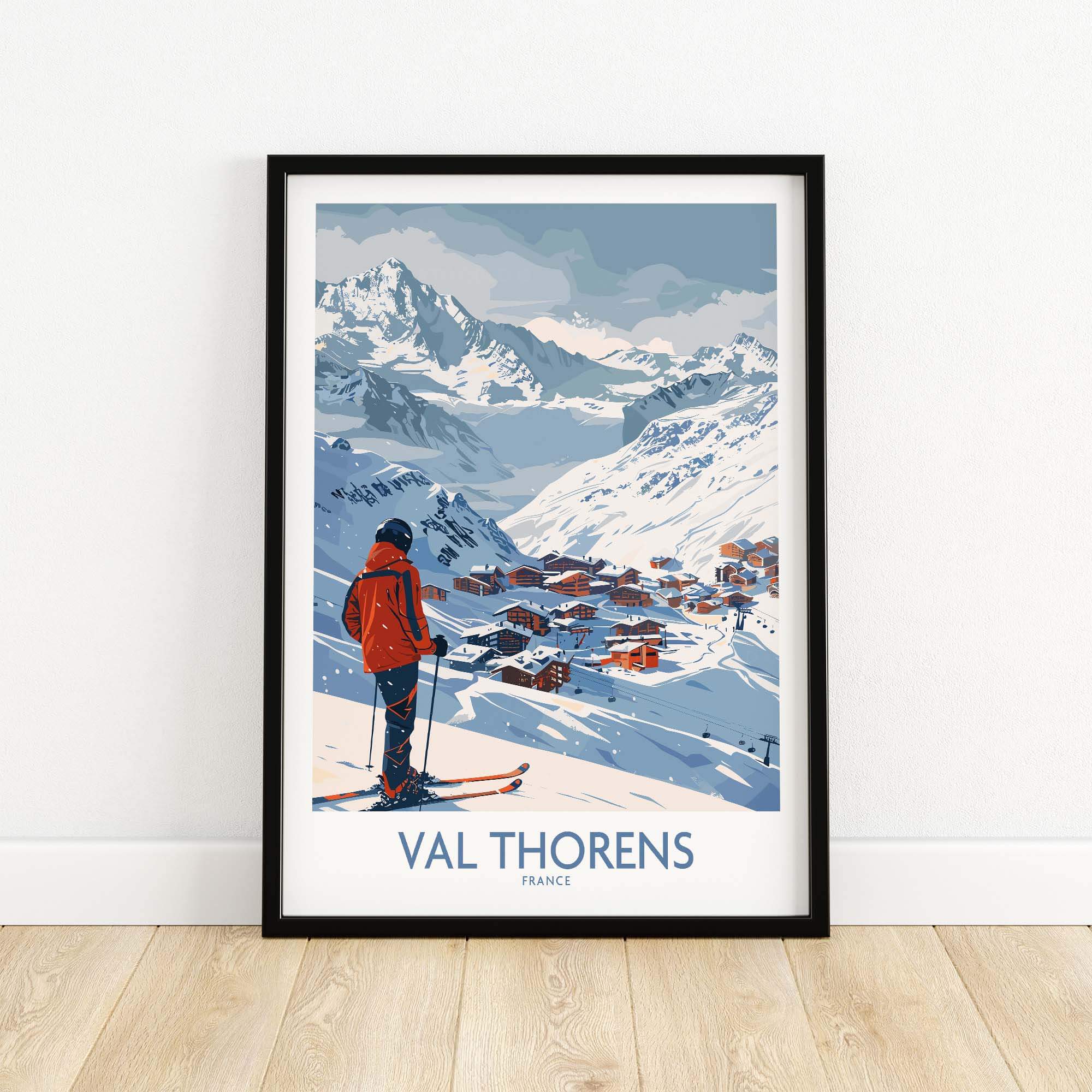 Val Thorens France ski print featuring a skier overlooking the snowy landscape and charming village. Perfect wall art for adventure lovers.