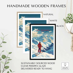 Val Thorens poster in handmade wooden frames, showcasing natural, white, and black options for wall decor.