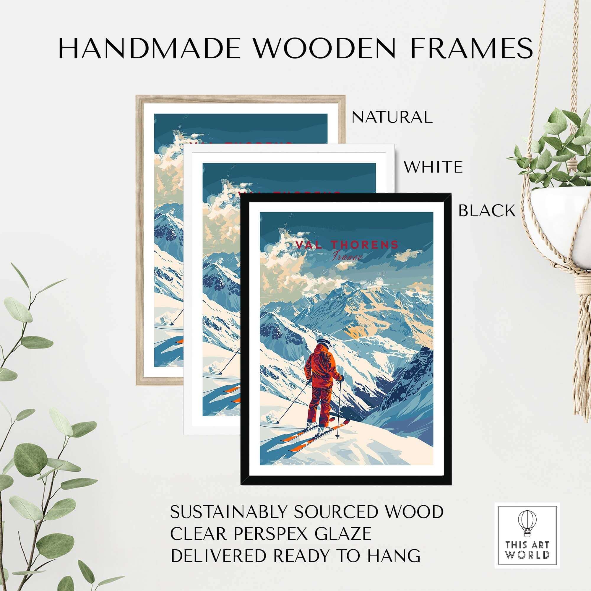 Val Thorens poster in handmade wooden frames, showcasing natural, white, and black options for wall decor.