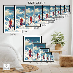 Val Thorens Poster size guide showcasing various frame sizes in a cozy indoor setting with ski artwork.