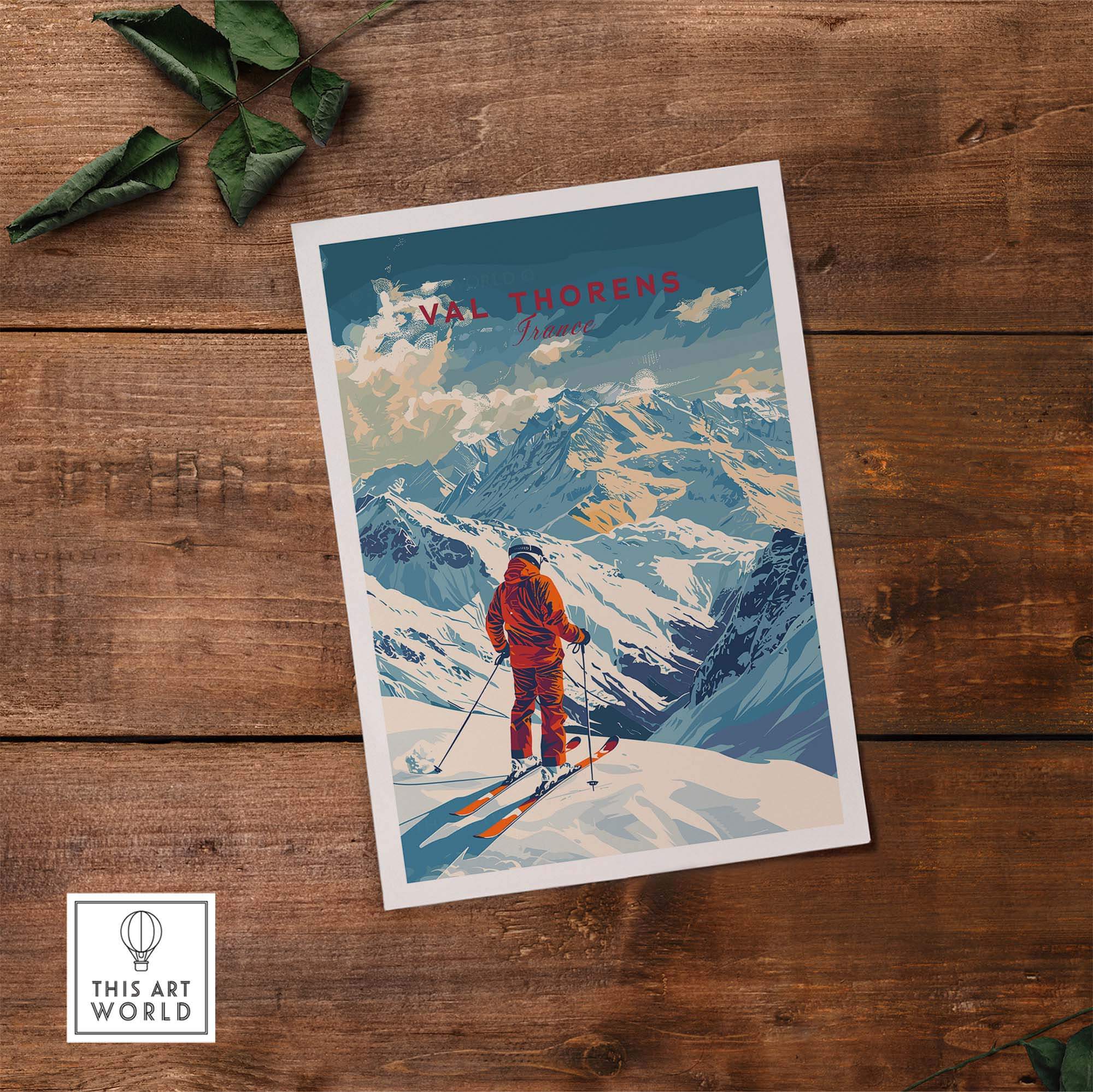 Val Thorens ski print poster showcasing snowy peaks and slopes, perfect for outdoor and ski enthusiasts.