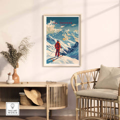 Val Thorens ski poster displayed in a stylish interior with mountains and snowy peaks, perfect for outdoor enthusiasts.