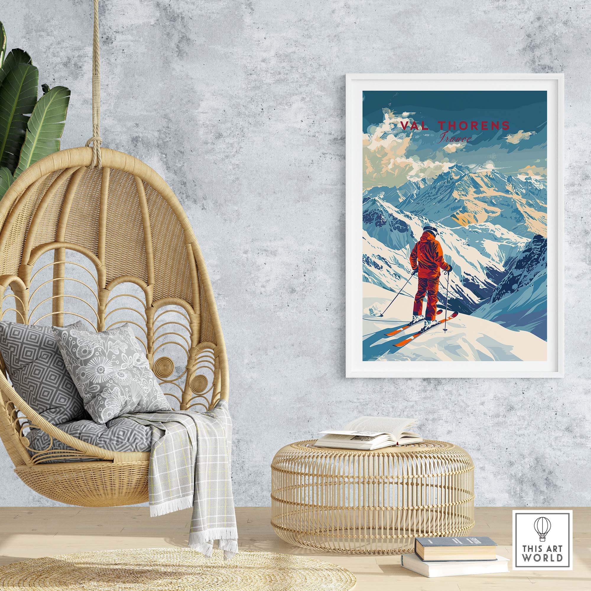 Val Thorens poster featuring a skier on snowy peaks, enhancing a cozy indoor space with mountain adventure vibes.