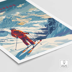 Val Thorens ski poster featuring a skier in an orange suit against snowy mountainous backdrop. Perfect for outdoors enthusiasts.