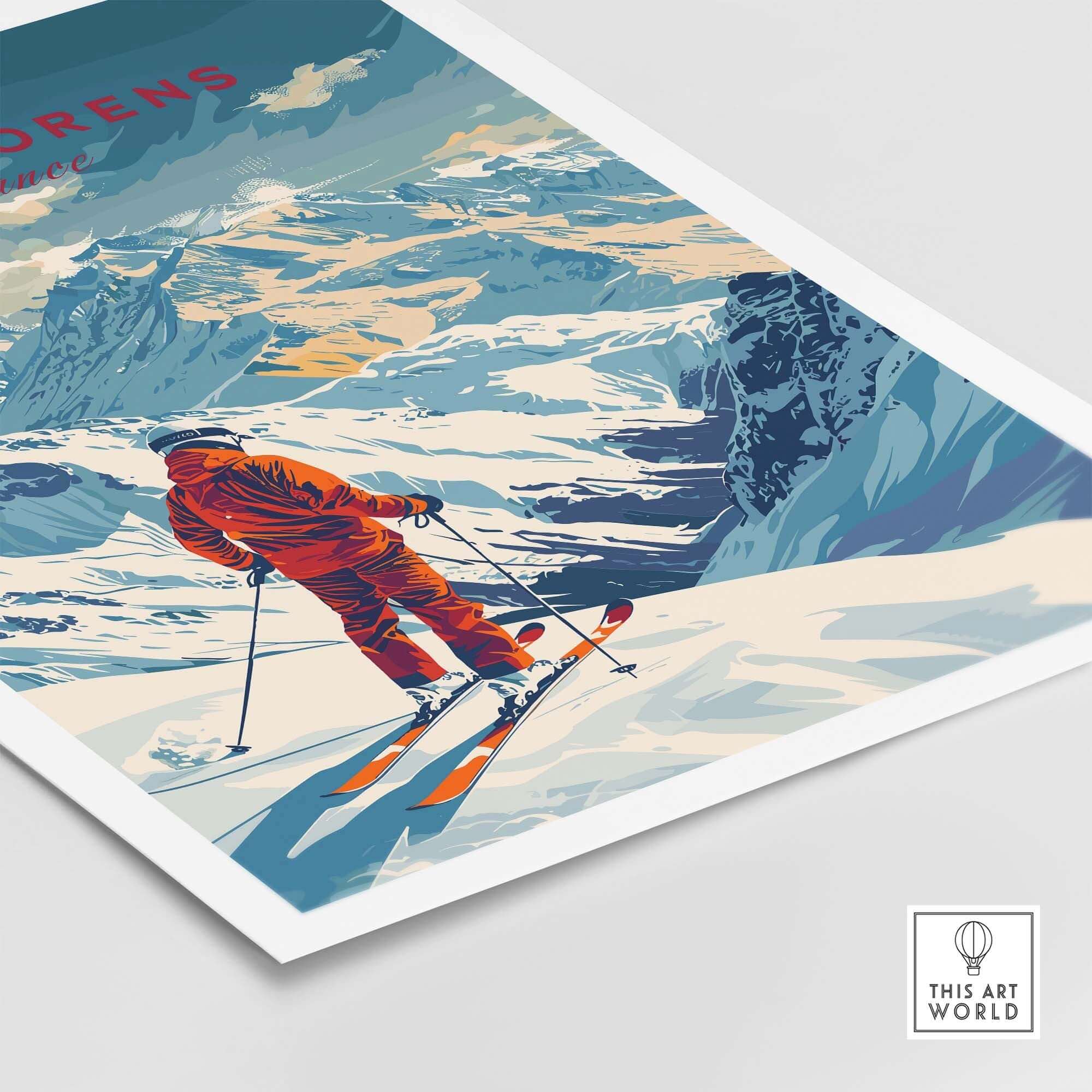 Val Thorens ski poster featuring a skier in an orange suit against snowy mountainous backdrop. Perfect for outdoors enthusiasts.