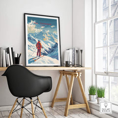 Val Thorens poster displayed in a modern office setting, showcasing snowy mountains and ski slopes design.