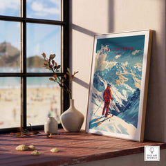 Val Thorens poster framed on a windowsill, showcasing stunning snowy mountains and a skier, perfect for ski enthusiasts.