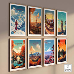 Collection of vibrant city posters including Val Thorens, Paris, Barcelona, and Tokyo showcasing iconic landmarks.
