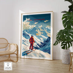 Val Thorens poster featuring a skier on snowy peaks, perfect for ski enthusiasts and mountain lovers.