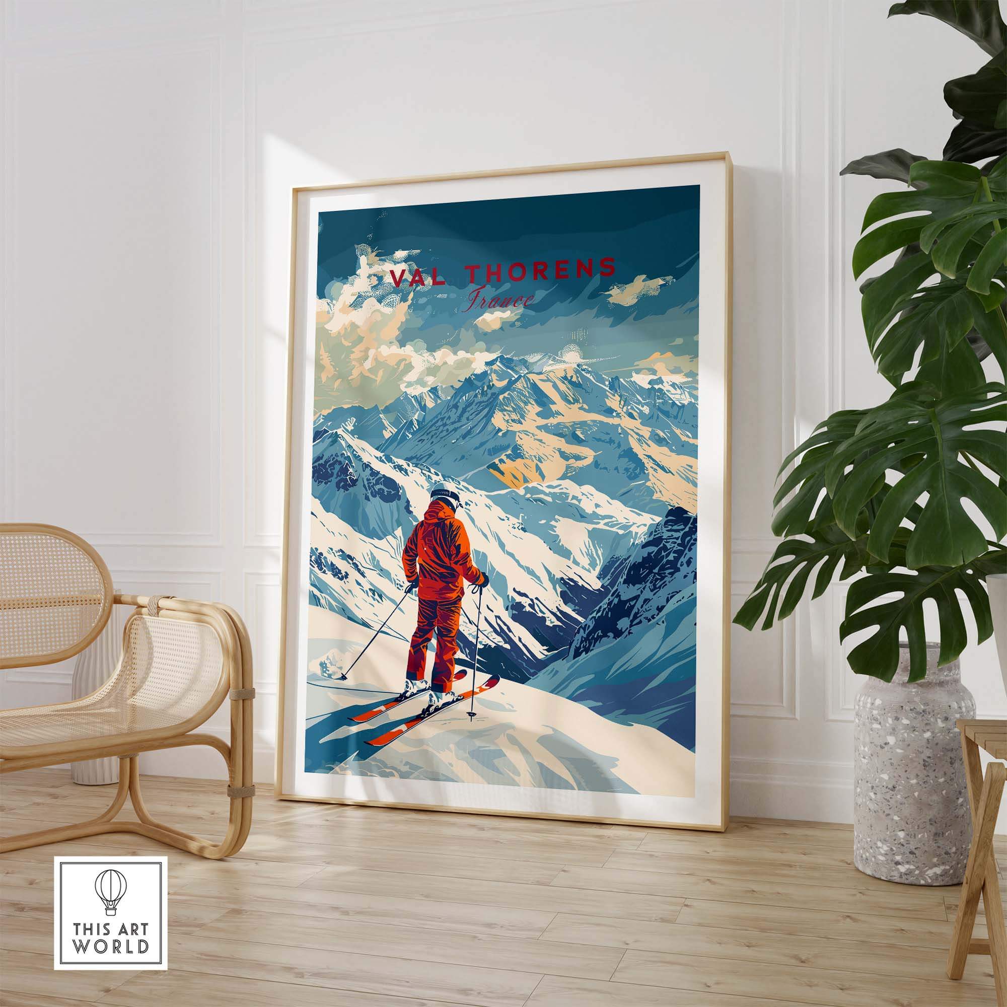Val Thorens poster featuring a skier on snowy peaks, perfect for ski enthusiasts and mountain lovers.