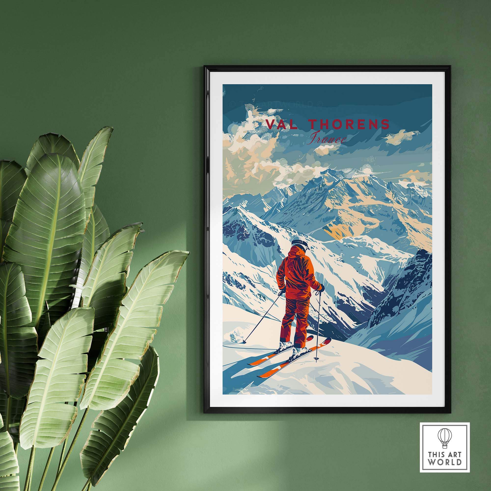 Val Thorens poster featuring a skier on snowy slopes with mountains in the background, perfect for ski enthusiasts.