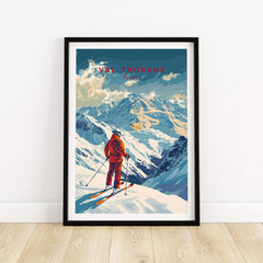 Val Thorens poster featuring a skier on snowy slopes, capturing the beauty of the French Alps. Perfect for ski enthusiasts.