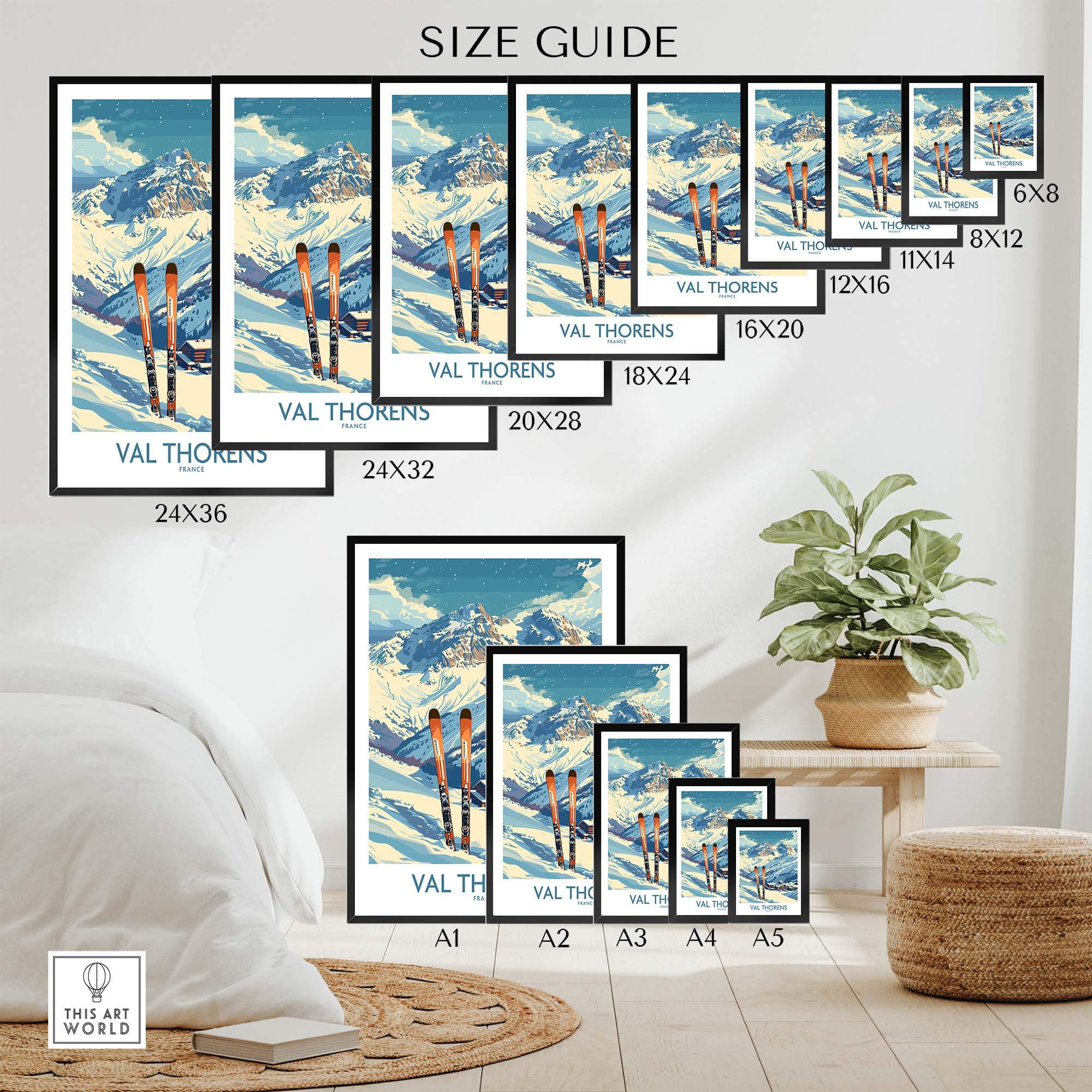 Val Thorens print size guide showing various dimensions for ski art prints in a home decor setting.