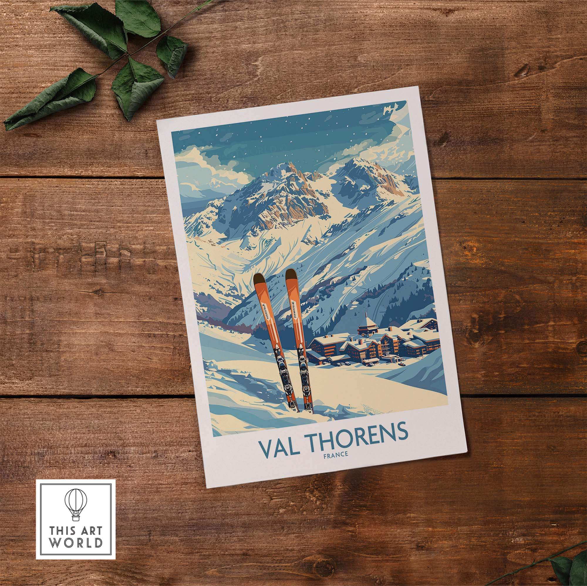 Val Thorens print showcasing ski equipment against a stunning mountain backdrop, perfect for home decor lovers and ski enthusiasts.