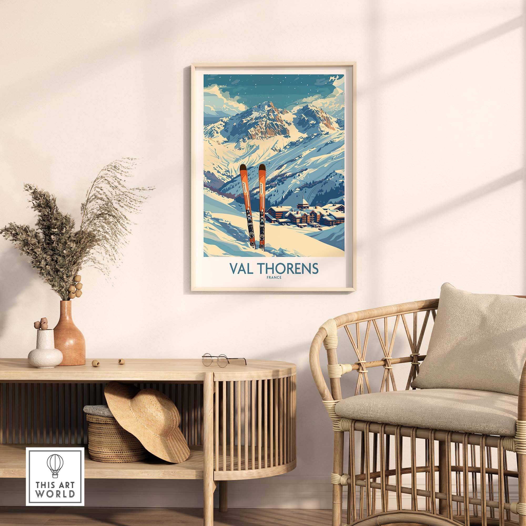 Val Thorens print featuring snow-capped mountains and ski poles, perfect for ski enthusiasts and home decor.