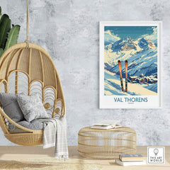 Val Thorens print featuring skis, snow-capped mountains, and a cozy interior setting for ski enthusiasts.