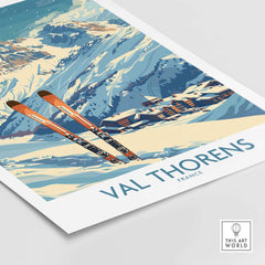 Val Thorens print featuring skis against snow-capped mountains, showcasing skiing beauty in France. Ideal decor for ski enthusiasts.