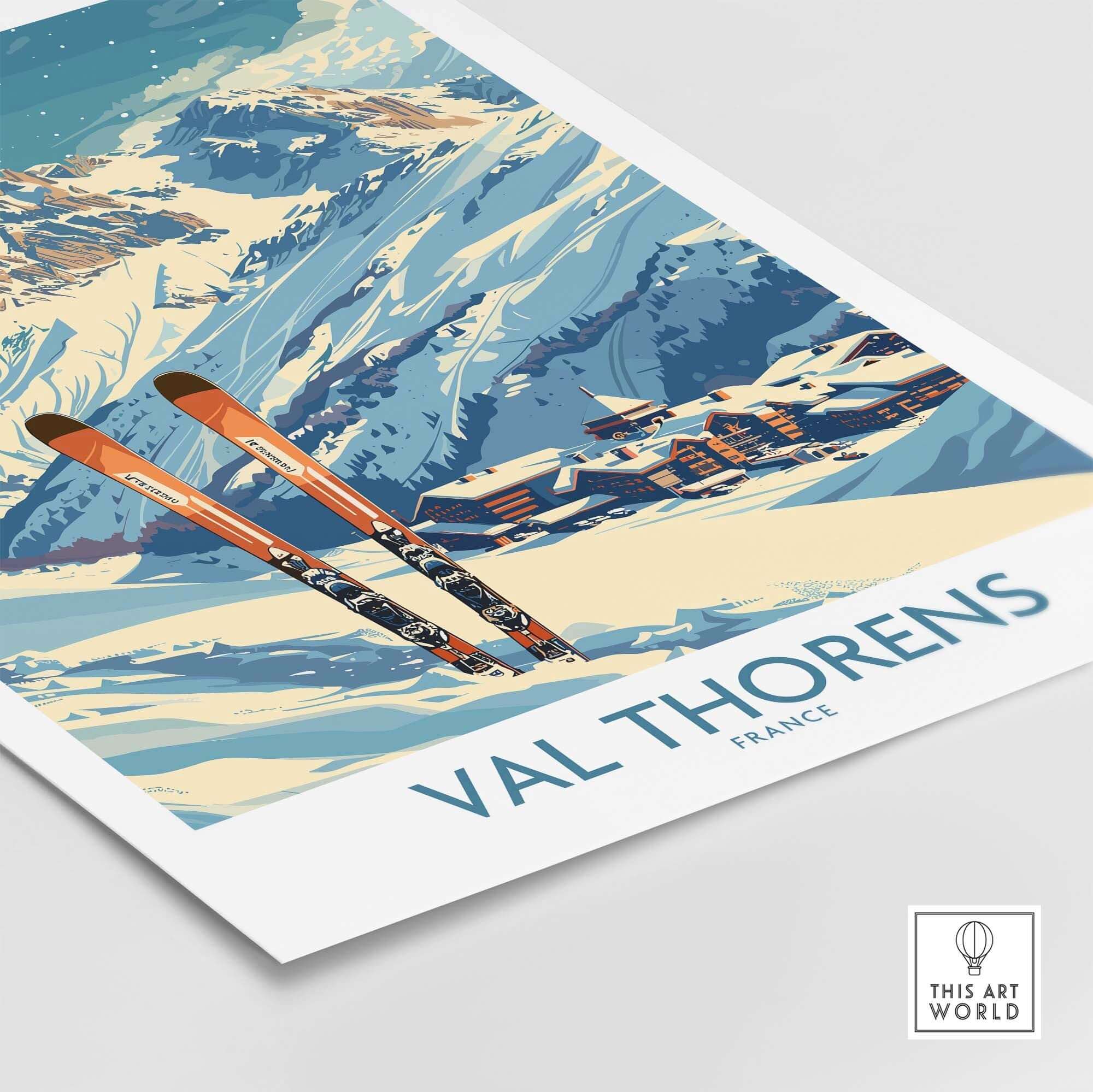 Val Thorens print featuring skis against snow-capped mountains, showcasing skiing beauty in France. Ideal decor for ski enthusiasts.