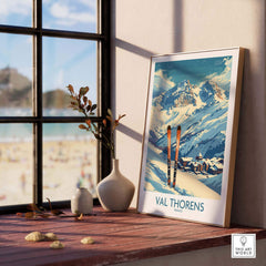 Val Thorens print displayed indoors showcasing ski slopes and mountains, perfect for winter sports enthusiasts and home decor.