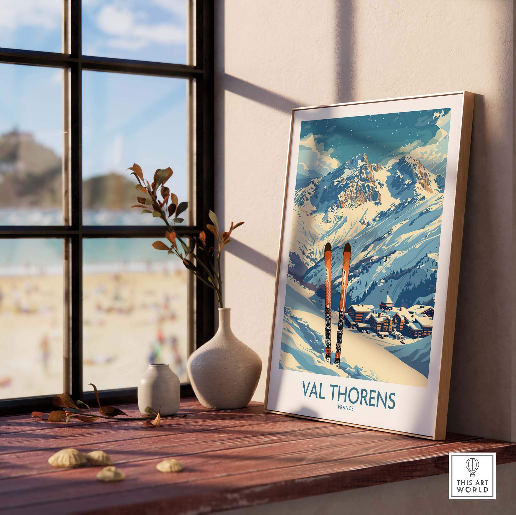 Val Thorens print displayed indoors showcasing ski slopes and mountains, perfect for winter sports enthusiasts and home decor.