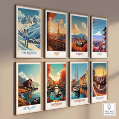 Vintage travel posters featuring Val Thorens, Paris, Florence, Tokyo, Reykjavik, Amsterdam, Copenhagen, and Barcelona.