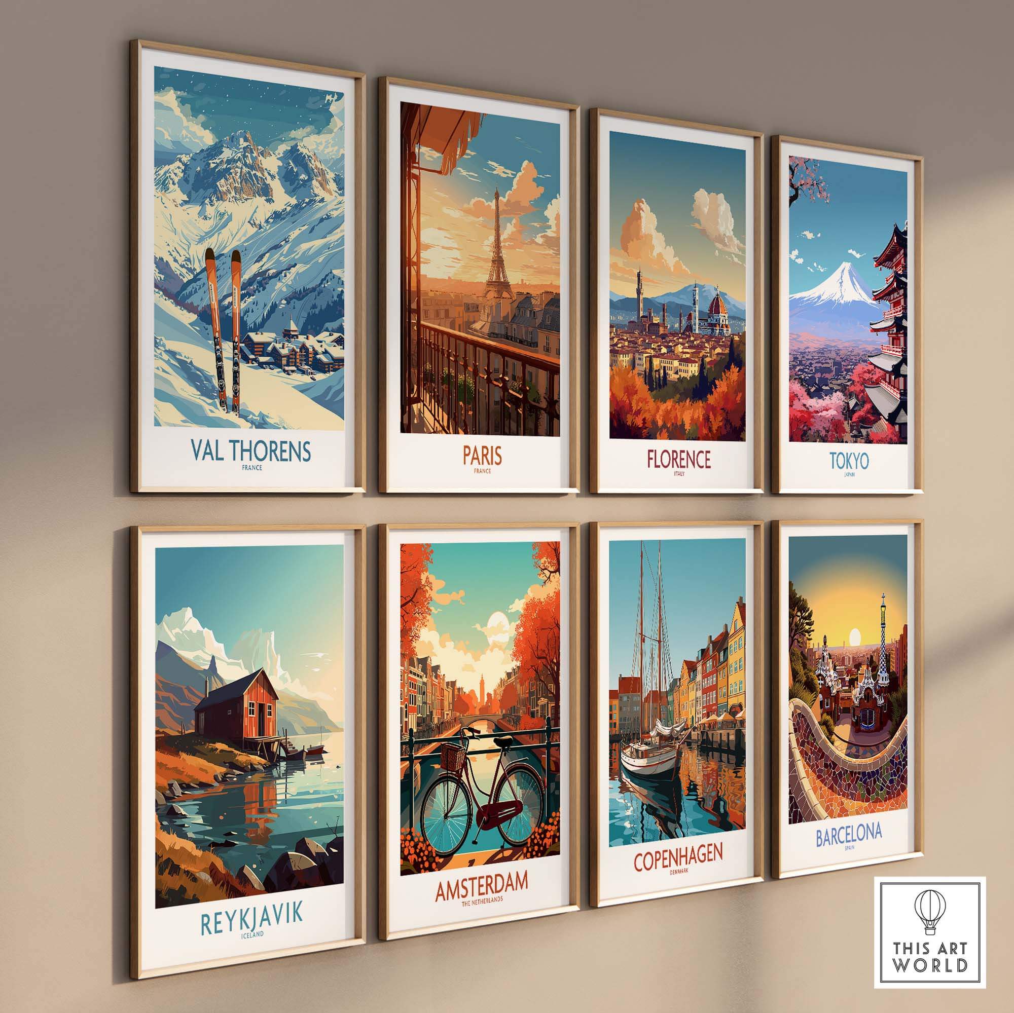 Vintage travel posters featuring Val Thorens, Paris, Florence, Tokyo, Reykjavik, Amsterdam, Copenhagen, and Barcelona.