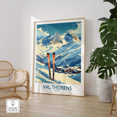 Val Thorens print showcasing snowy mountains and ski equipment, perfect for ski enthusiasts and home decor.