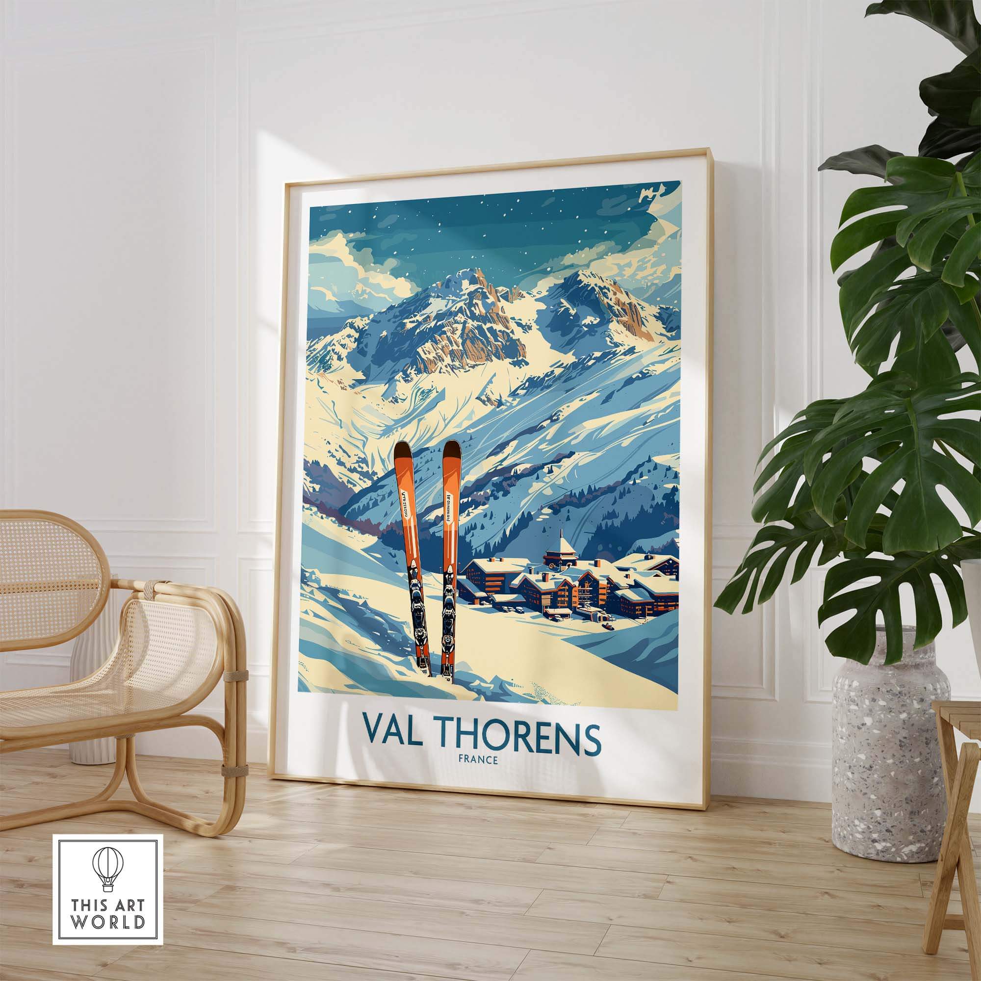 Val Thorens print showcasing snowy mountains and ski equipment, perfect for ski enthusiasts and home decor.