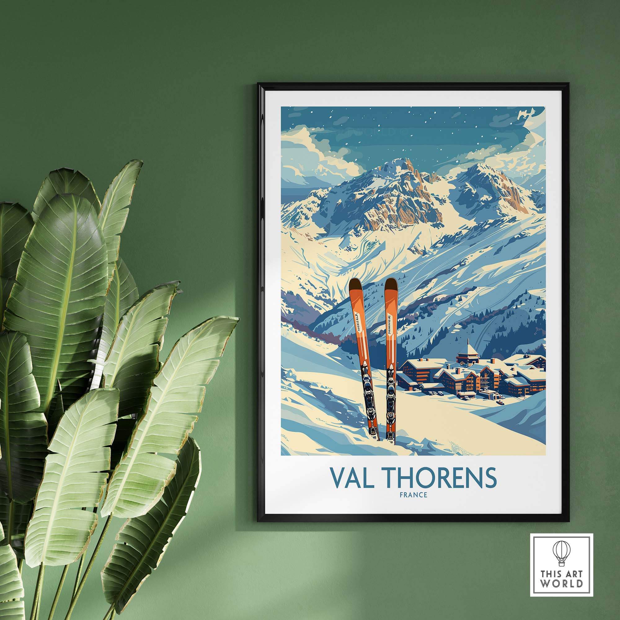 Val Thorens print featuring ski equipment and snow-capped mountains, perfect for ski enthusiasts and home decor.