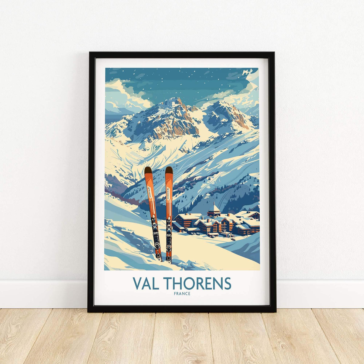 Val Thorens print featuring snow-covered mountains and ski equipment, perfect for ski enthusiasts and home decor.
