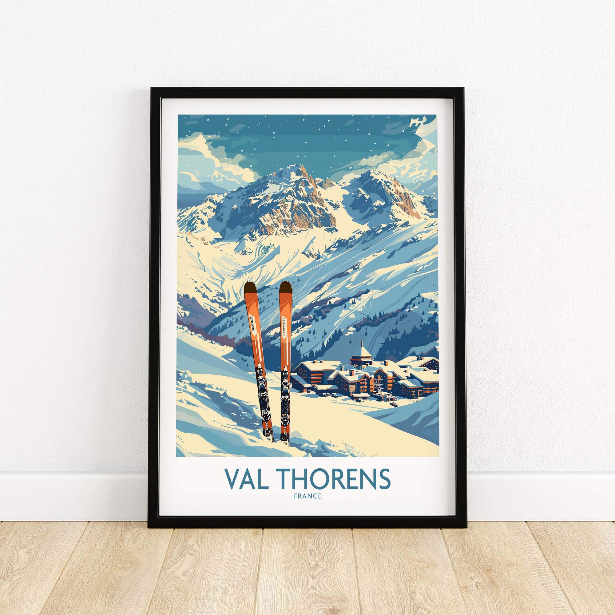 Val Thorens print featuring snow-covered mountains and ski equipment, perfect for ski enthusiasts and home decor.