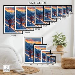 Val Thorens ski poster size guide showcasing various frame sizes and designs for home decor inspiration.