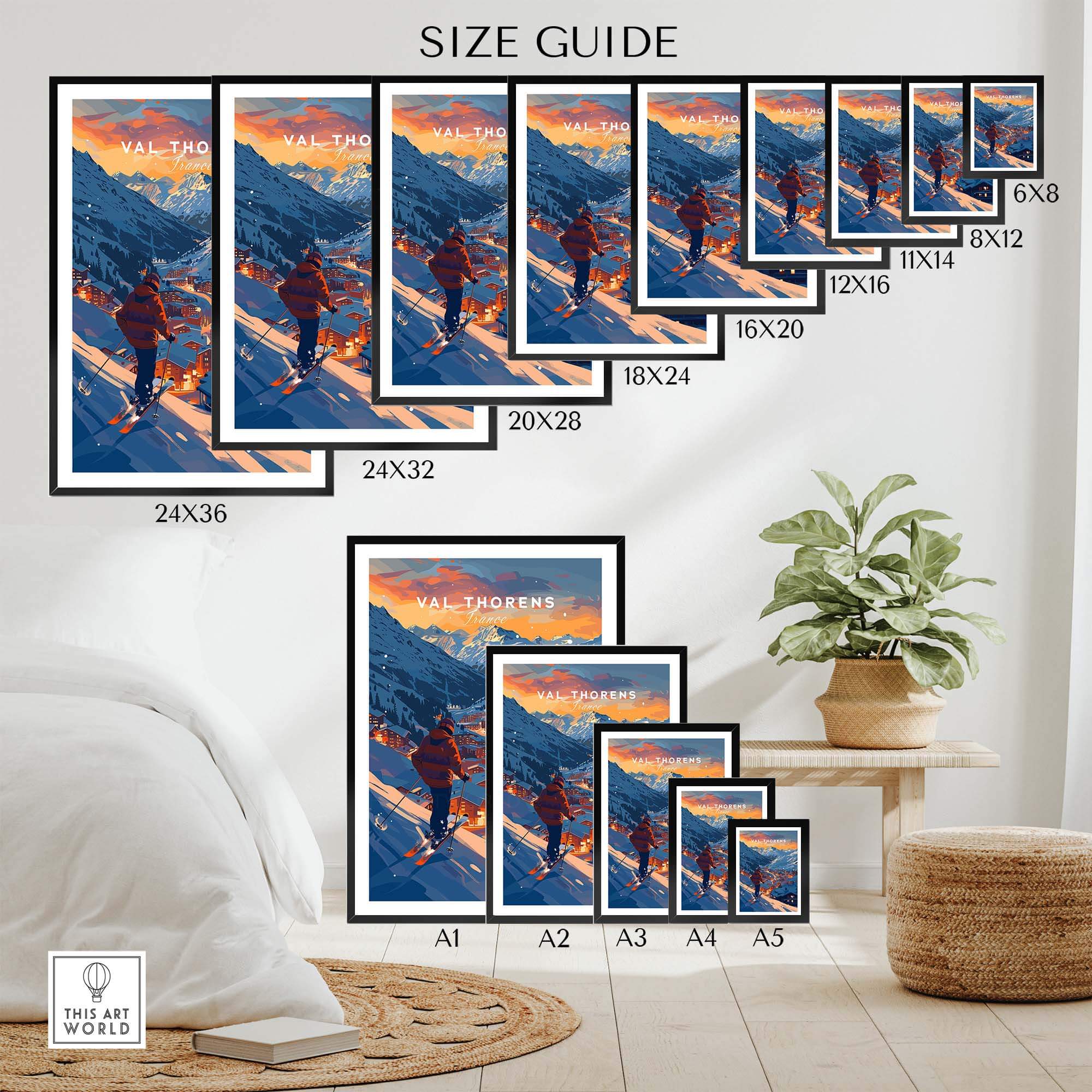 Val Thorens ski poster size guide showcasing various frame sizes and designs for home decor inspiration.
