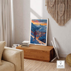Val Thorens Ski Poster displayed in a cozy living room, highlighting the beauty of French Alps and skiing adventure.