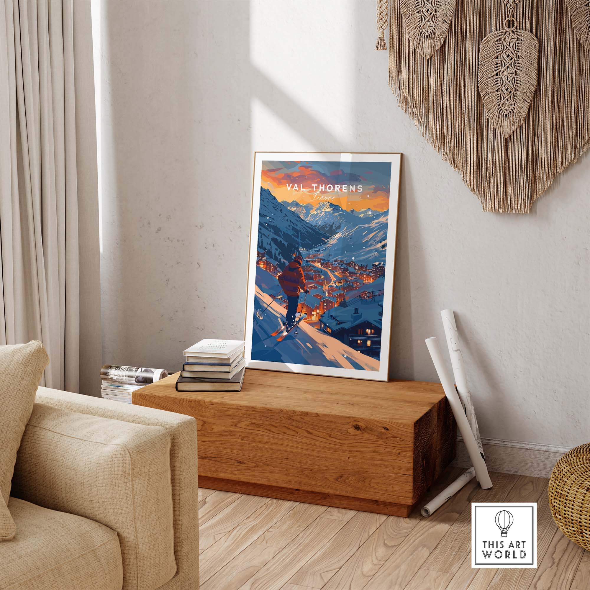 Val Thorens Ski Poster displayed in a cozy living room, highlighting the beauty of French Alps and skiing adventure.