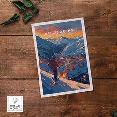 Val Thorens Ski Poster featuring the stunning French Alps at sunset, perfect for skiing enthusiasts and home decor.