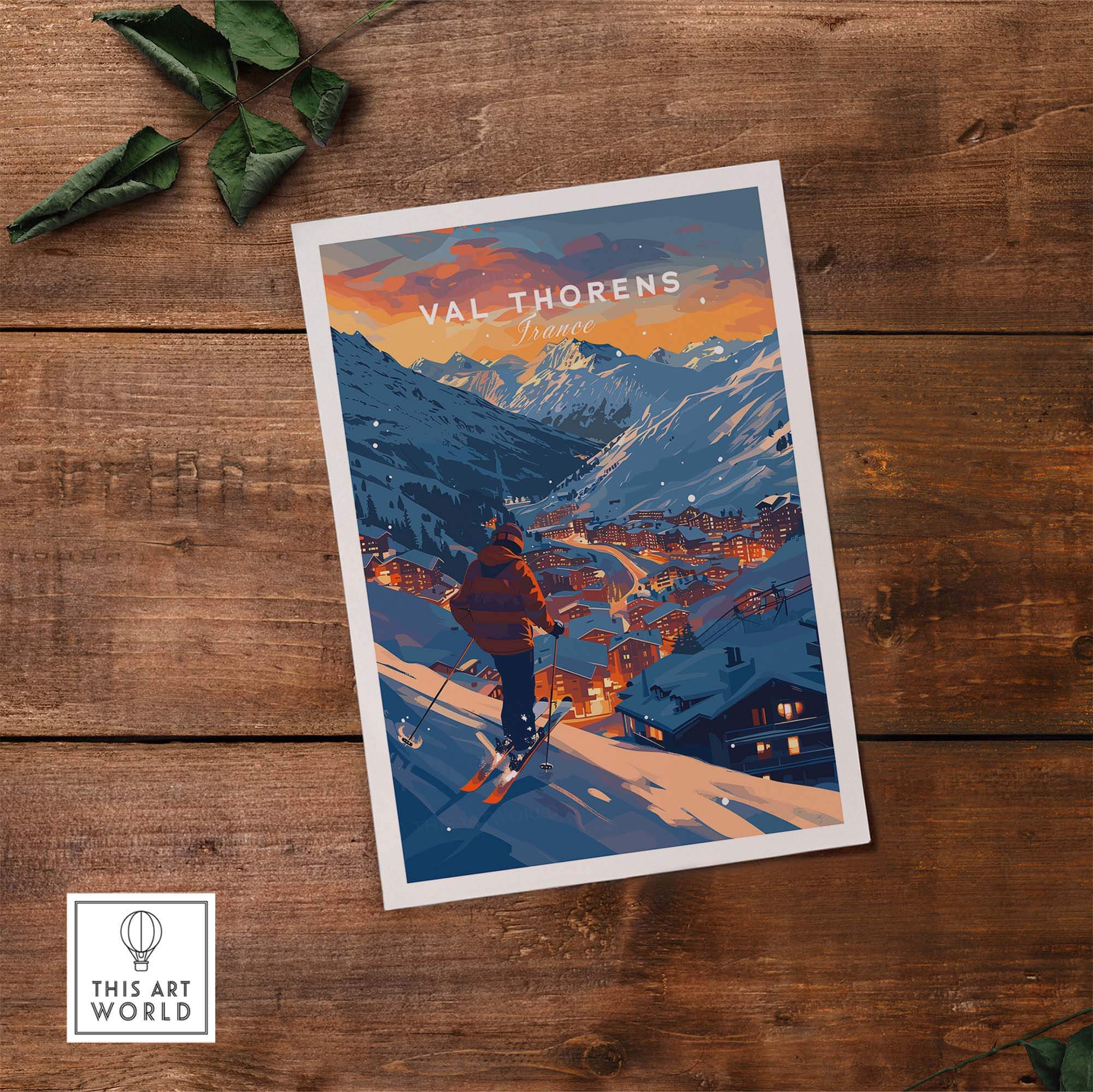 Val Thorens Ski Poster featuring the stunning French Alps at sunset, perfect for skiing enthusiasts and home decor.
