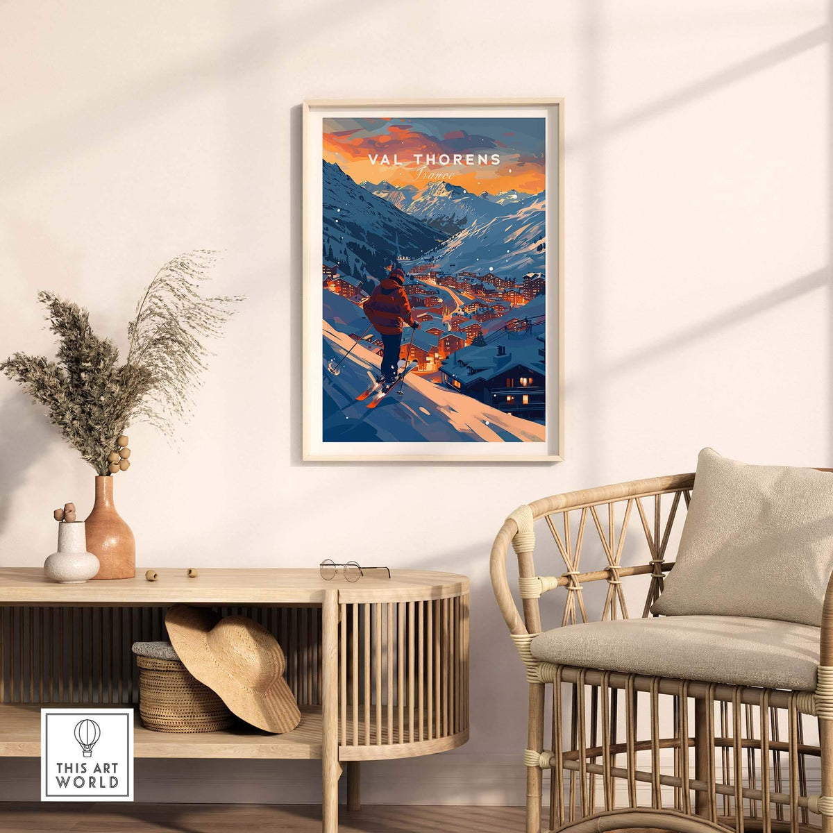 Val Thorens ski poster in modern interior, showcasing stunning French Alps scenery and a skier on the slopes.