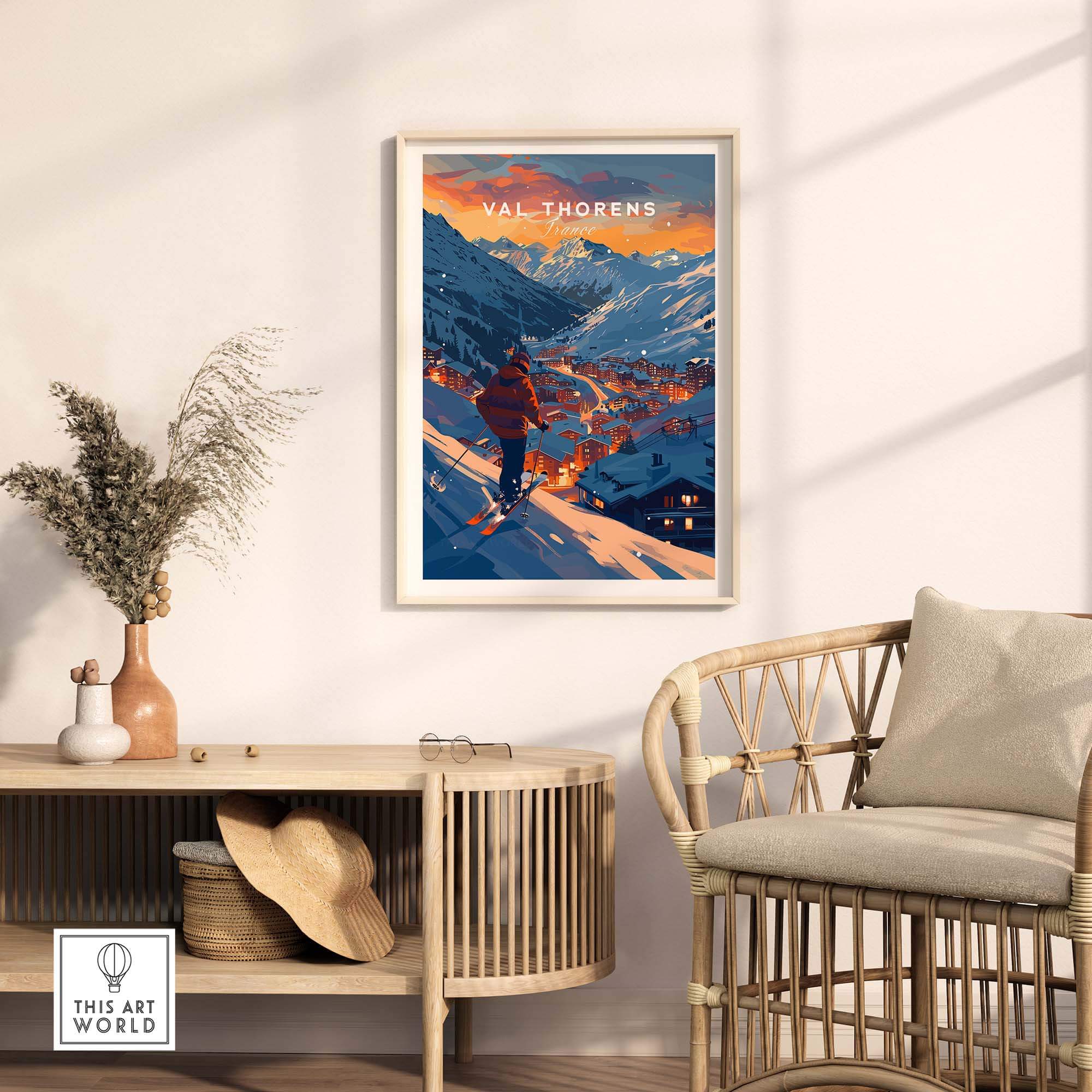 Val Thorens ski poster in modern interior, showcasing stunning French Alps scenery and a skier on the slopes.
