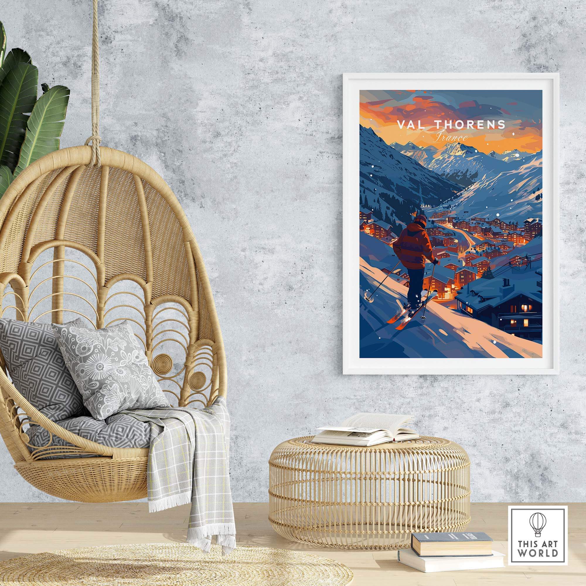 Val Thorens Ski Poster displayed in a modern home setting, showcasing the beautiful French Alps and a skier at sunset.