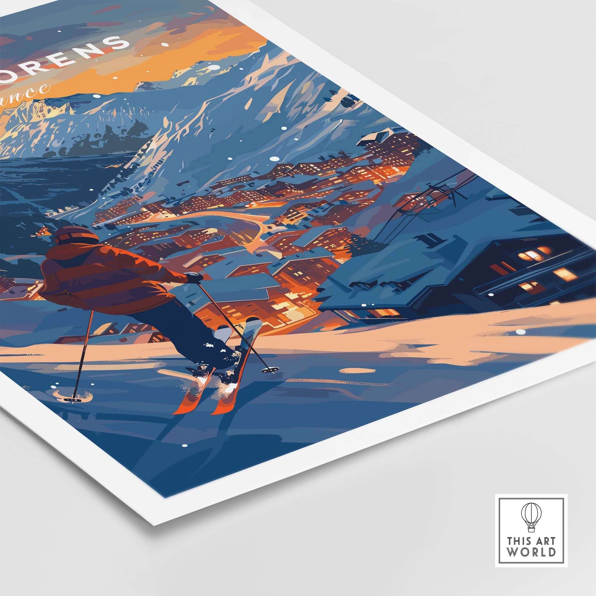Val Thorens Ski Poster featuring stunning French Alps landscape and vibrant skiing scene, perfect for enthusiasts.