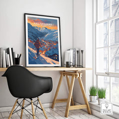 Val Thorens ski poster displayed in a stylish office setting, featuring stunning French Alps scenery.